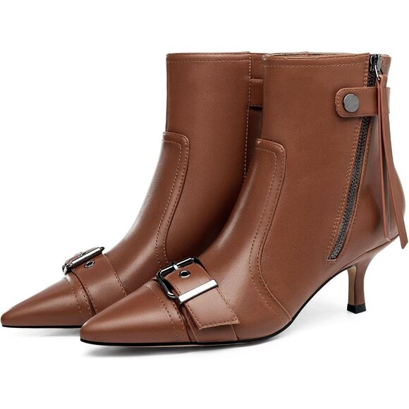 ⚡Women's Brown Kitten Heel Ankle Boots Pointed Toe Buckle Side Zipper Tassel - Picture 1 of 5